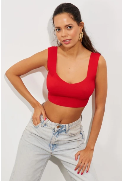 Kadın Kırmızı Triko Crop Atlet YV118