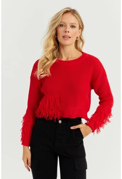 Kadın Kırmızı Triko Kısa Kazak YZ526