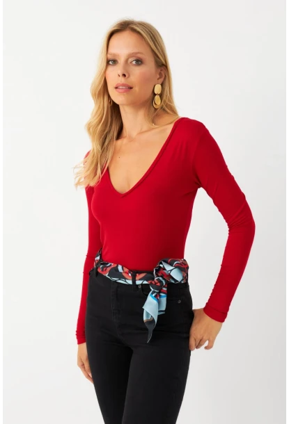 Kadın Kırmızı V Yaka Çıtçıtlı Body Fİ792