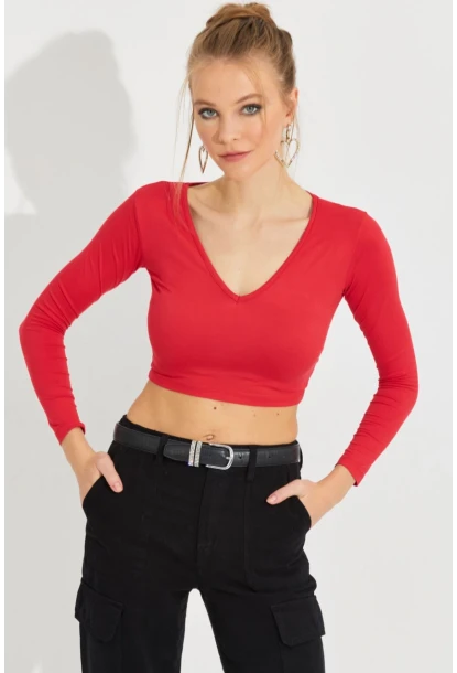 Kadın Kırmızı V Yaka Crop Bluz LPP1241