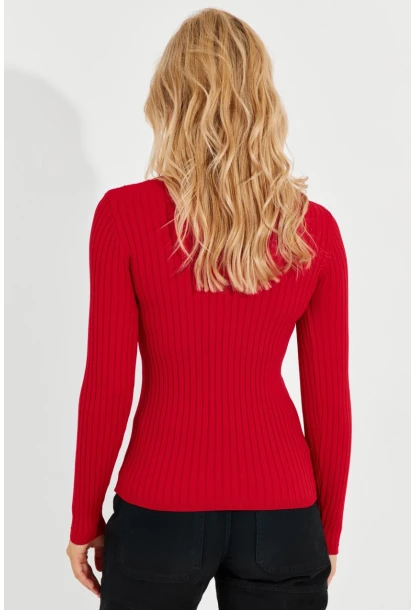 Kadın Kırmızı V Yaka Fitilli Triko Bluz SMT216
