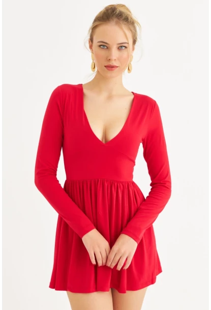 Kadın Kırmızı V Yaka Mini Elbise LİK17