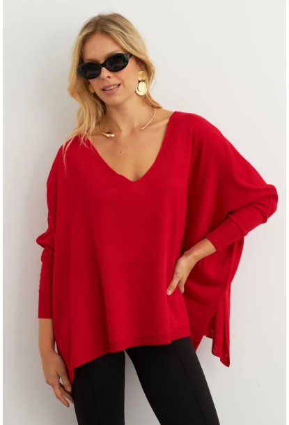 Kadın Kırmızı V Yaka Salaş Bluz YV304