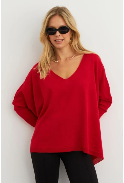 Kadın Kırmızı V Yaka Salaş Bluz YV304