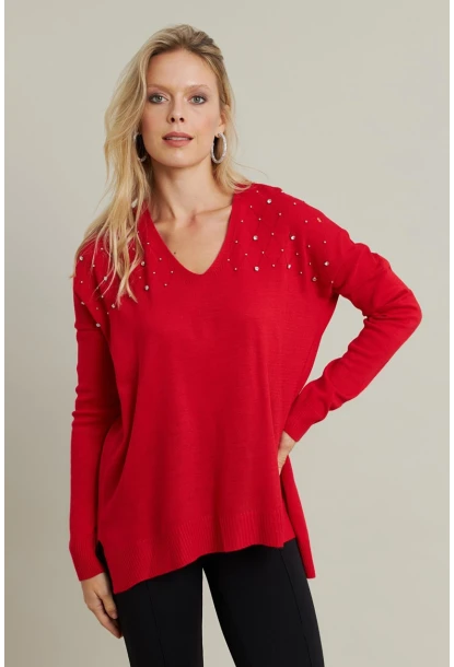 Kadın Kırmızı V Yaka Taşlı İnce Triko Bluz YİL002