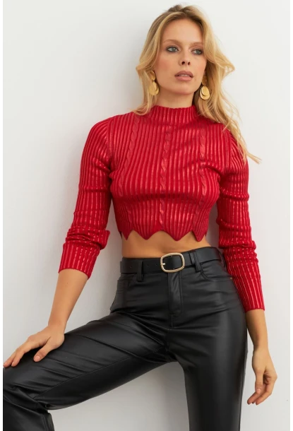 Kadın Kırmızı Vatkalı Triko Bluz RM612