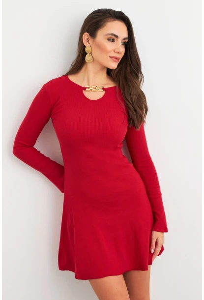 Kadın Kırmızı Yakası Aksesuarlı Mini Elbise FRY2267