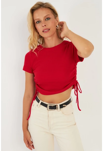 Kadın Kırmızı Yanları Büzgülü Kaşkorse Bluz AYD355