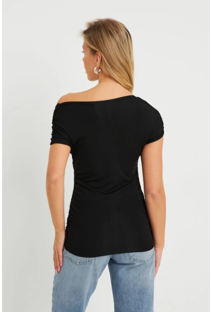 Kadın Kruvaze Büzgülü Bluz Siyah EY2725