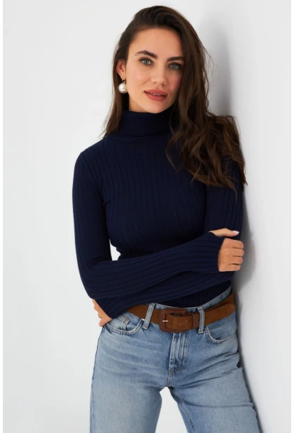 Kadın Lacivert Balıkçı Yaka Triko Bluz MYV102-90