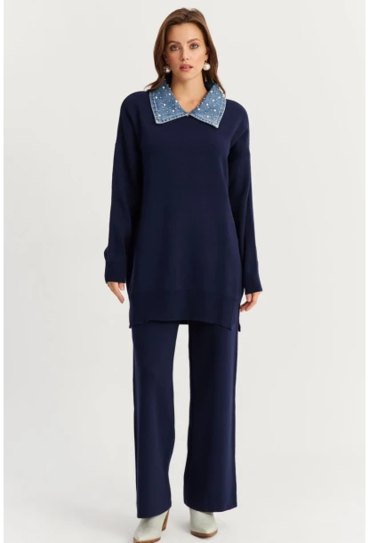 Kadın Lacivert Denim Yakalı İncili Alt Üst Triko Takım MNUV22