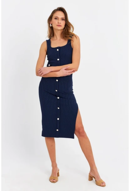 Kadın Lacivert Düğme Aksesuarlı Çizgili Midi Elbise SDY1253