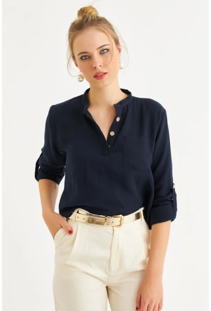 Kadın Lacivert Düğmeli Keten Gömlek Bluz BTH17