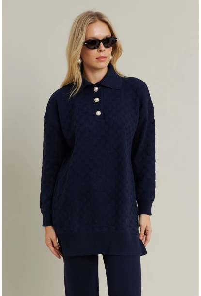 Kadın Lacivert İnci Düğmeli Triko Alt Üst Takım MNUV33