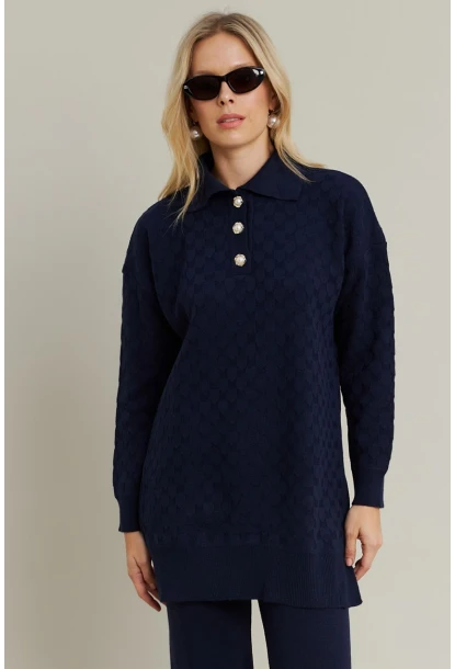 Kadın Lacivert İnci Düğmeli Triko Alt Üst Takım MNUV33