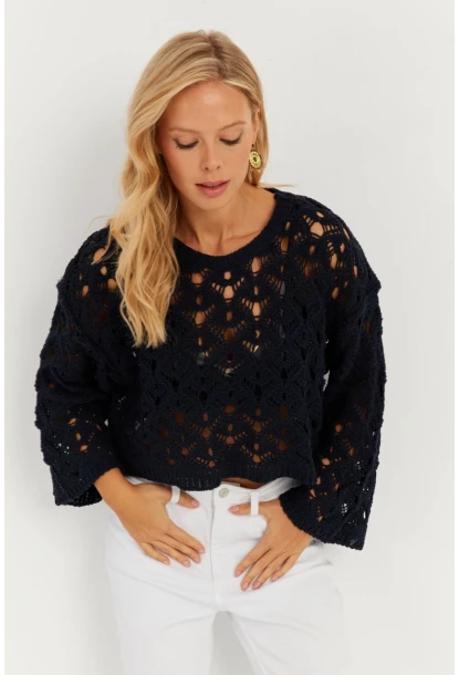 Kadın Lacivert İspanyol Kol Ajurlu Triko Bluz MİW0761