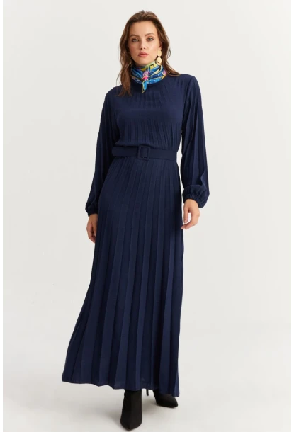 Kadın Lacivert Kemerli Plili Maxi Elbise ALZ500