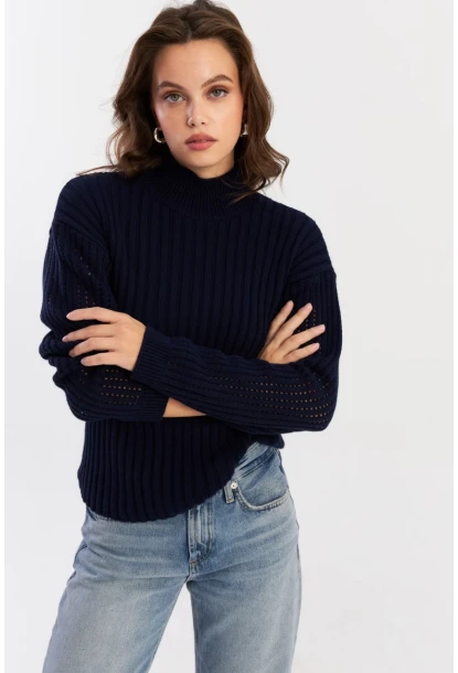 Kadın Lacivert Kolları File Triko Bluz YV288