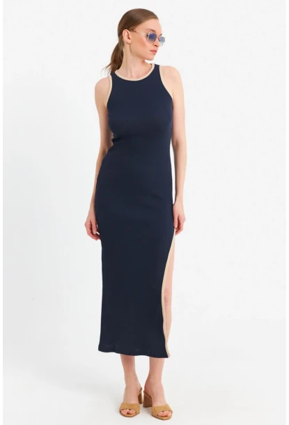 Kadın Lacivert Kontrast Biyeli Yırtmaçlı Maxi Elbise OR2087