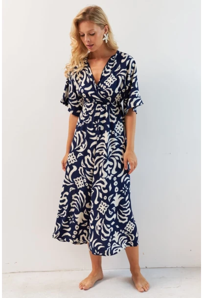 Kadın Lacivert Kruvaze Desenli Midi Elbise YZ1152