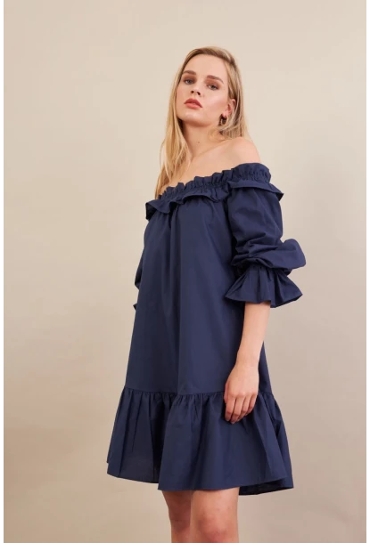 Kadın Lacivert Madonna Yaka Midi Elbise PSG1012