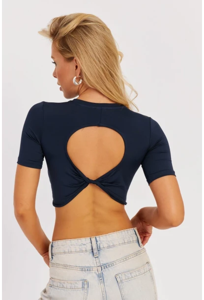 Kadın Lacivert Sırt Dekolteli Crop Bluz CY450