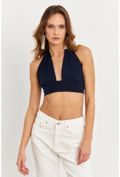 Kadın Lacivert Sırt Ve Boyun Bağlamalı Bluz EY1472