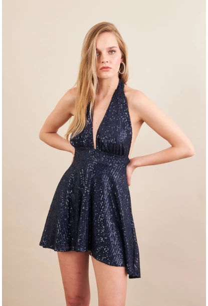 Kadın Lacivert Sırtı Açık Payetli Astarlı Mini Elbise DCF046