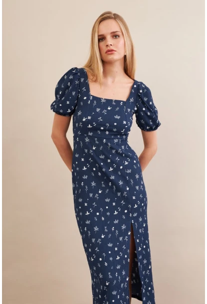 Kadın Lacivert Sırtı Detaylı Çiçekli Midi Elbise CHN103