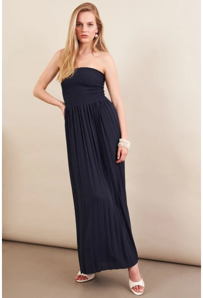 Kadın Lacivert Straplez Yaka Midi Elbise MSİ100