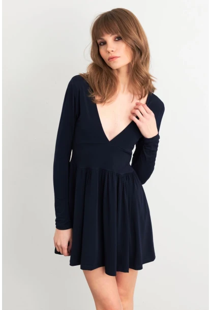 Kadın Lacivert V Yaka Mini Elbise LİK17