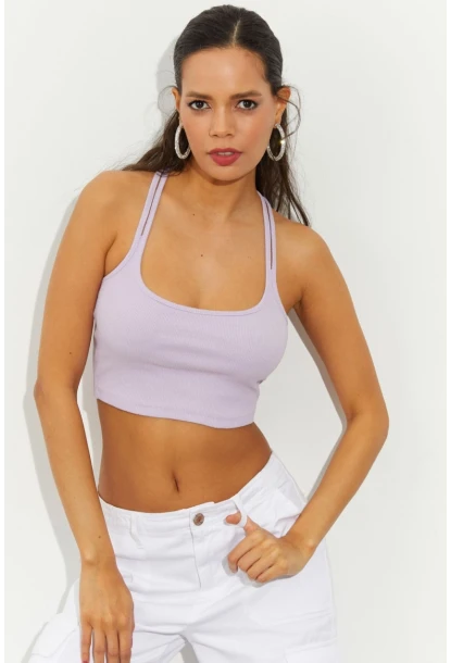 Kadın Lila Sırtı Halkalı Kaşkorse Crop Bluz B2552