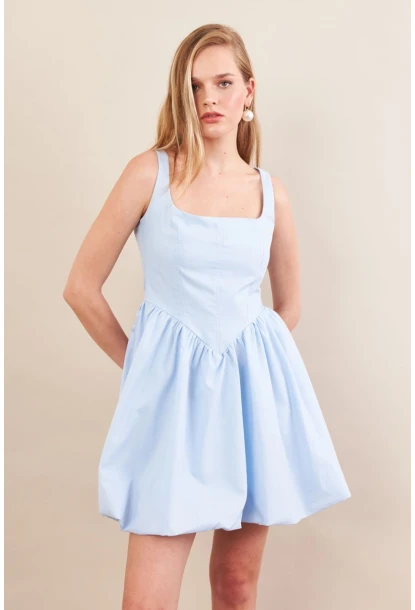 Kadın Mavi Askılı Mini Balon Elbise ERL105