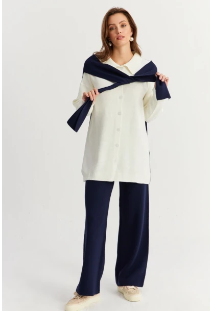 Kadın Mavi Atkılı Triko Hırka Alt Üst Takım NUV20