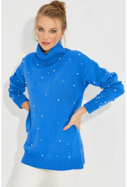 Kadın Mavi Balıkçı Yaka İncili Triko Kazak MSS129