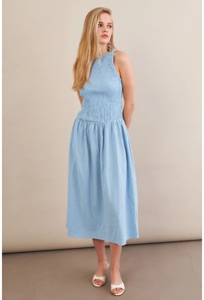 Kadın Mavi Beli Lastikli Gipeli Midi Elbise ZH130