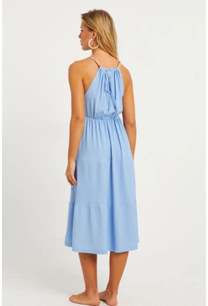 Kadın Mavi Boncuk Detaylı Bürümcük Midi Elbise HO52