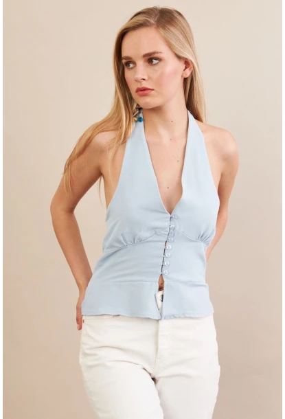 Kadın Mavi Boyun Bağlamalı Keten Yelek FS129