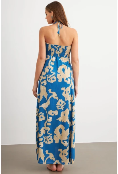 Kadın Mavi Büzgülü Desenli Midi Elbise KAB304