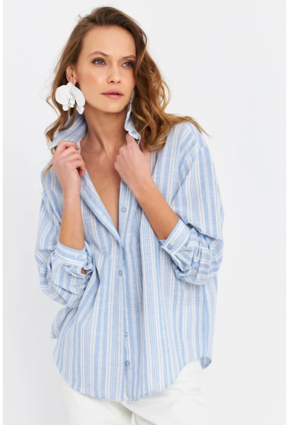 Kadın Mavi Çizgili Keten Gömlek ROP102