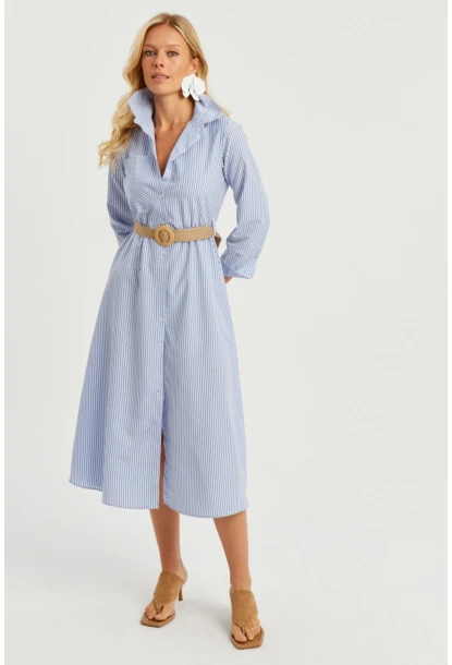 Kadın Mavi Çizgili Midi Gömlek Elbise PP5515