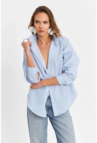Kadın Mavi Çizgili Oversize Gömlek ZER420