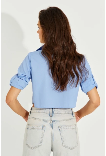 Kadın Mavi Crop Cepli Gömlek TD153