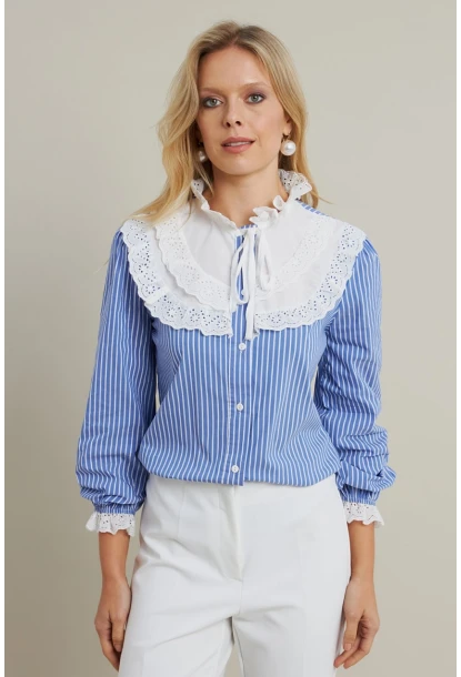 Kadın Mavi Dantel Detaylı Çizgili Gömlek MQS5074