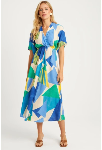 Kadın Mavi Desenli Kruvaze Midi Elbise HT108