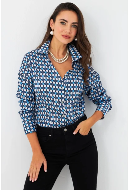 Kadın Mavi Desenli Saten Gömlek SHR9
