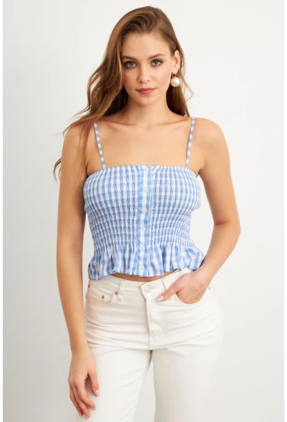 Kadın Mavi Ekose Lastikli Crop Bluz MTK13397