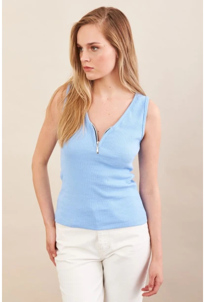 Kadın Mavi Fermuarlı Kaşkorse Bluz EY3106