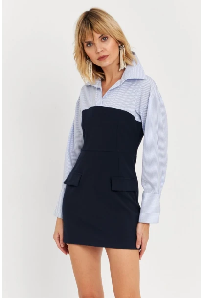 Kadın Mavi Gömlek Bloklu Mini Elbise KED3072