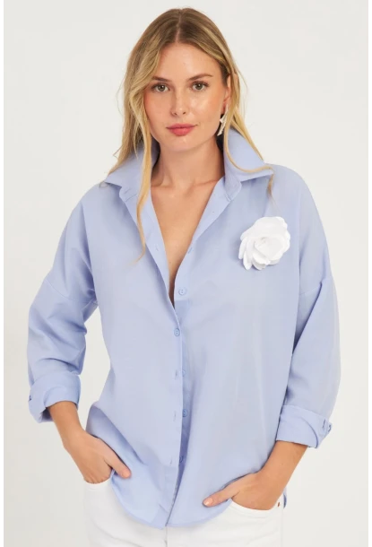 Kadın Mavi Gül Aksesuarlı Gömlek SF2540